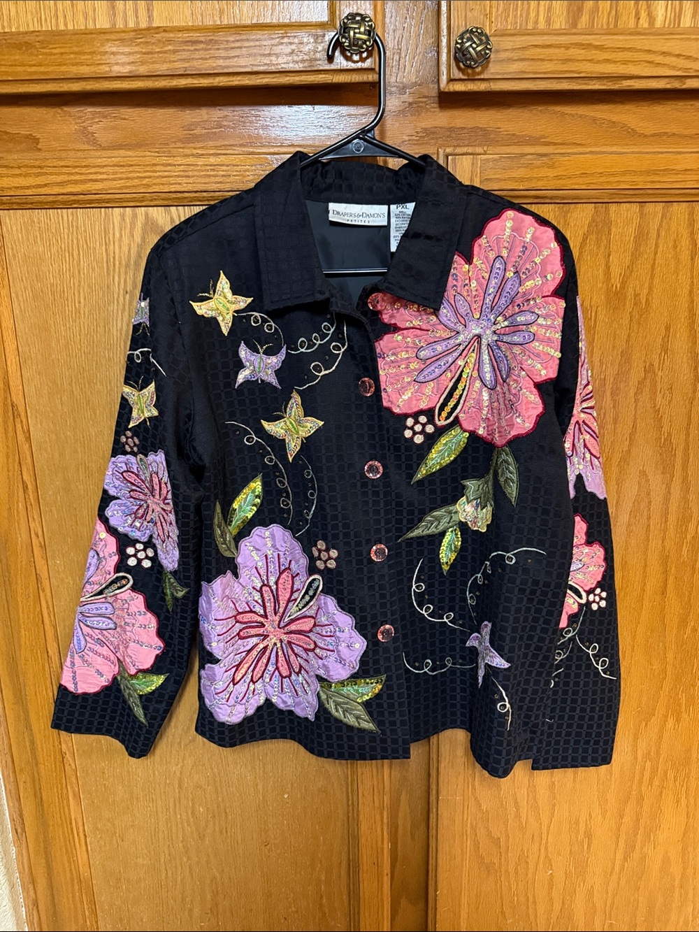 Draper James Black Button-Down Jacket with Pink & Purple Floral Embroidery